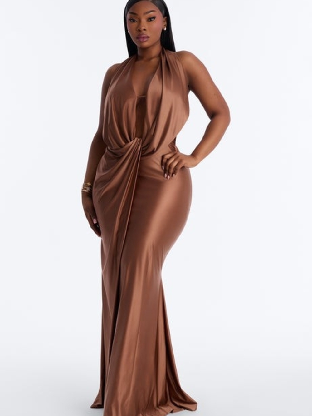 Sleek Bronze Draped Halter Evening Gown